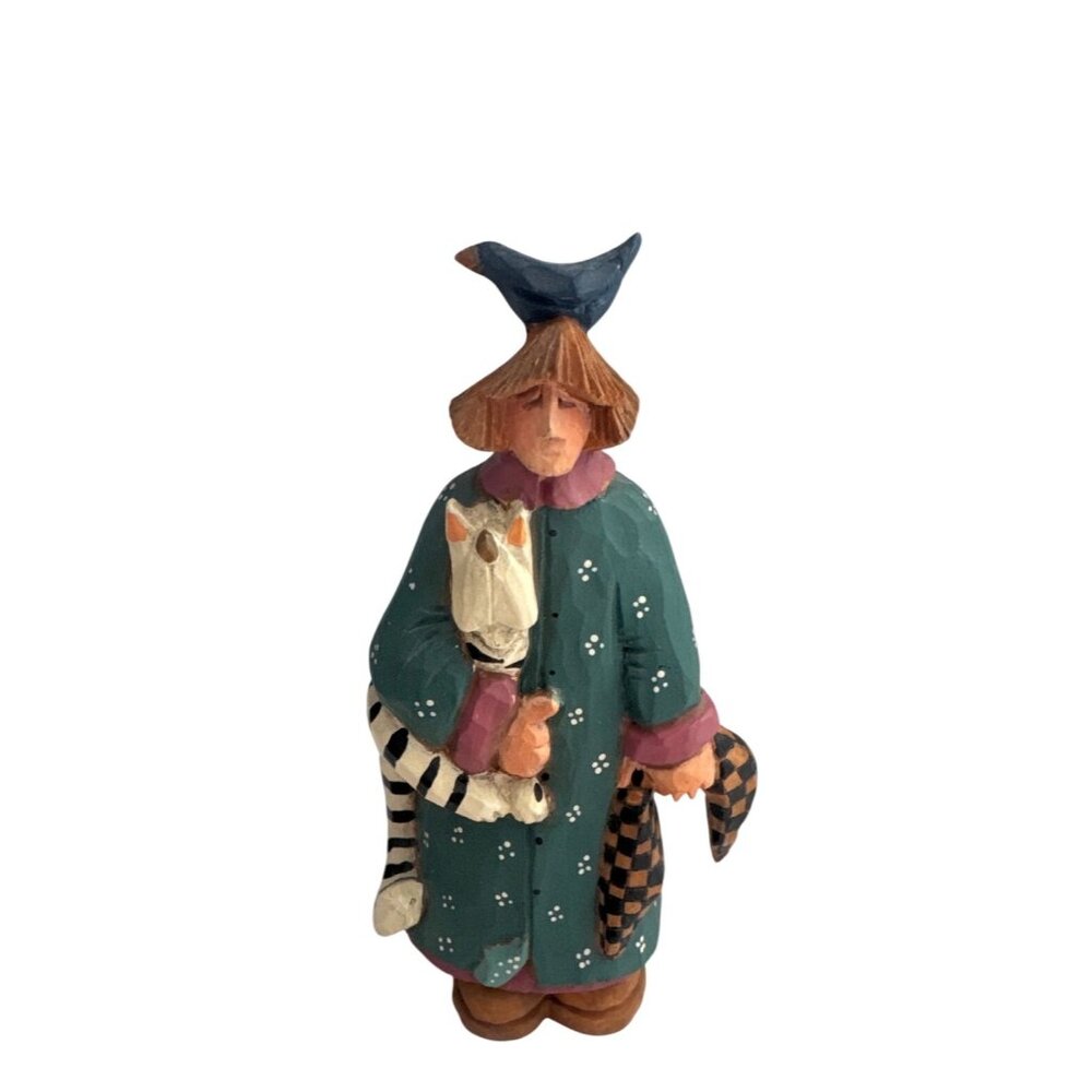 Vintage Williraye Studio Collectible Figurine Woman Cat Bird Folk Art Whimsical